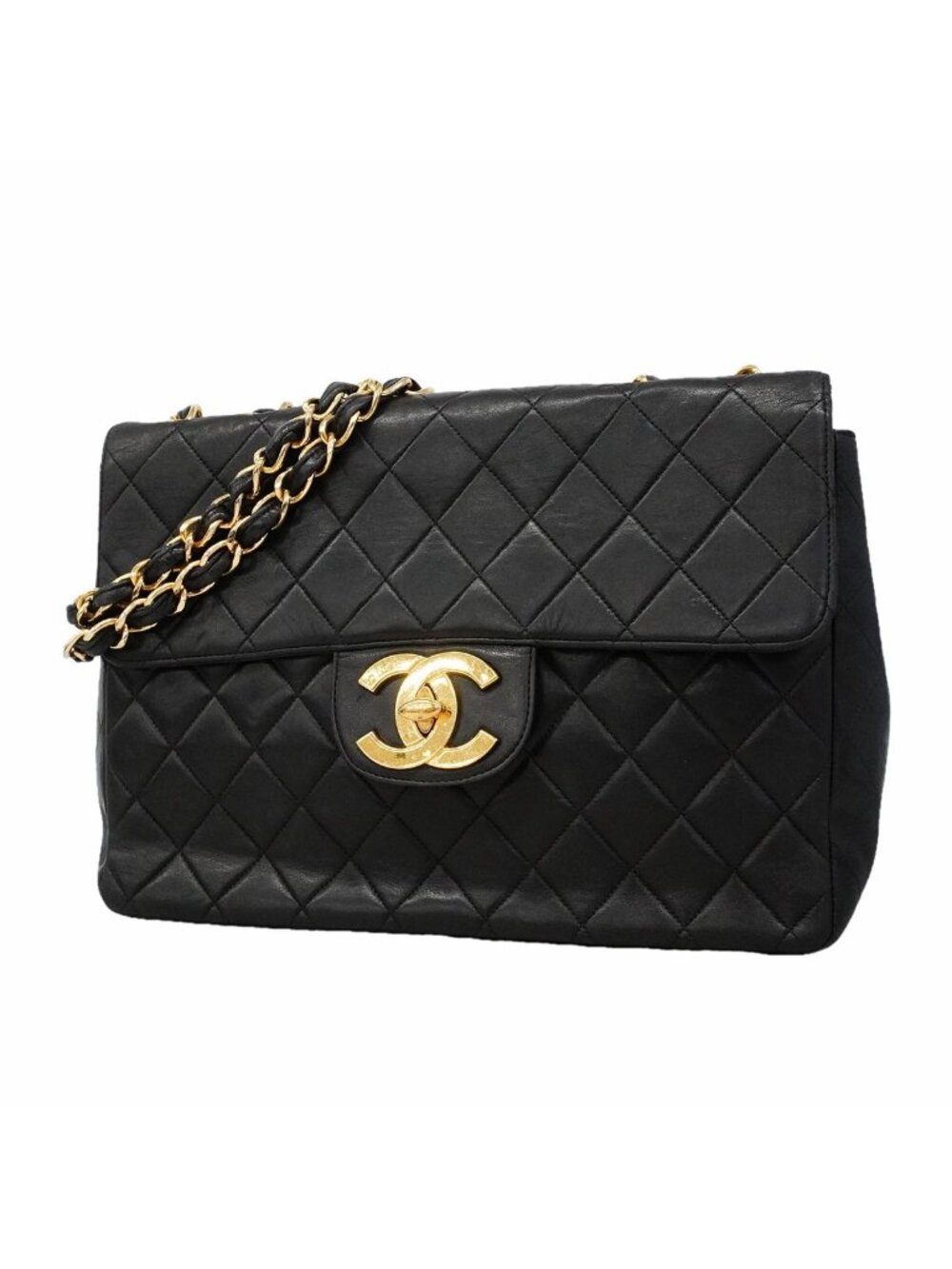 Chanel Shoulder Bag Maxi Quilted Lambskin Black Gold